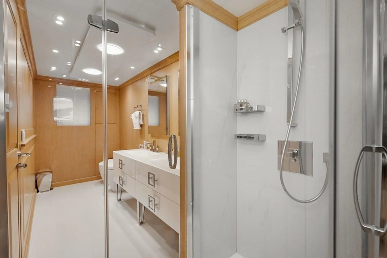 a bathroom with a shower unit and sink aboard VERA Yacht for Sale