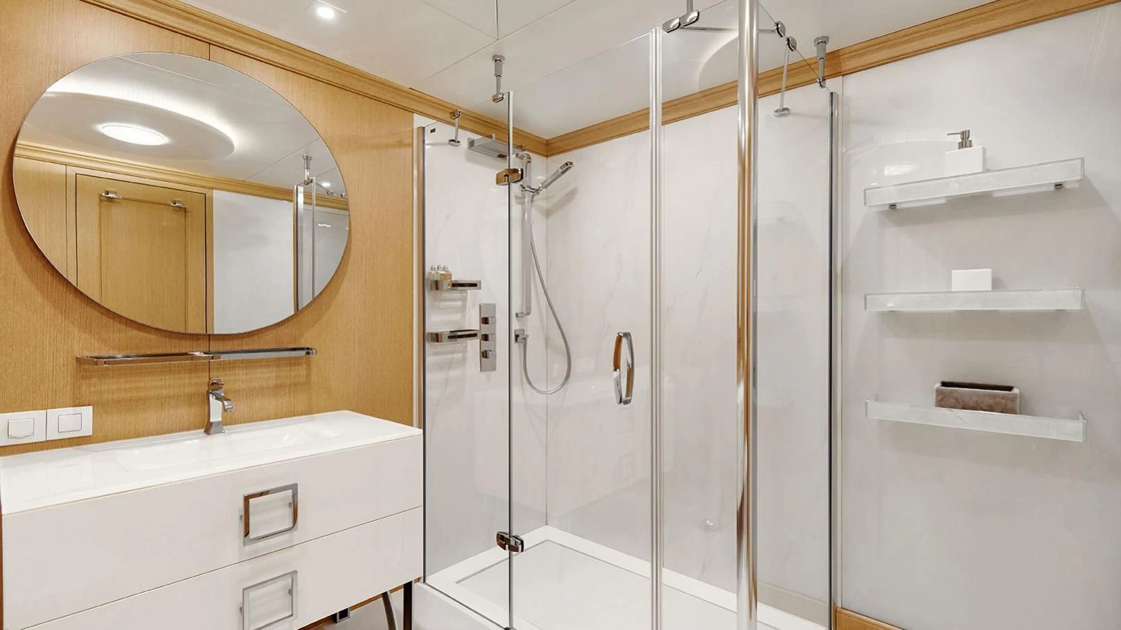 a bathroom with a large mirror aboard VERA Yacht for Sale