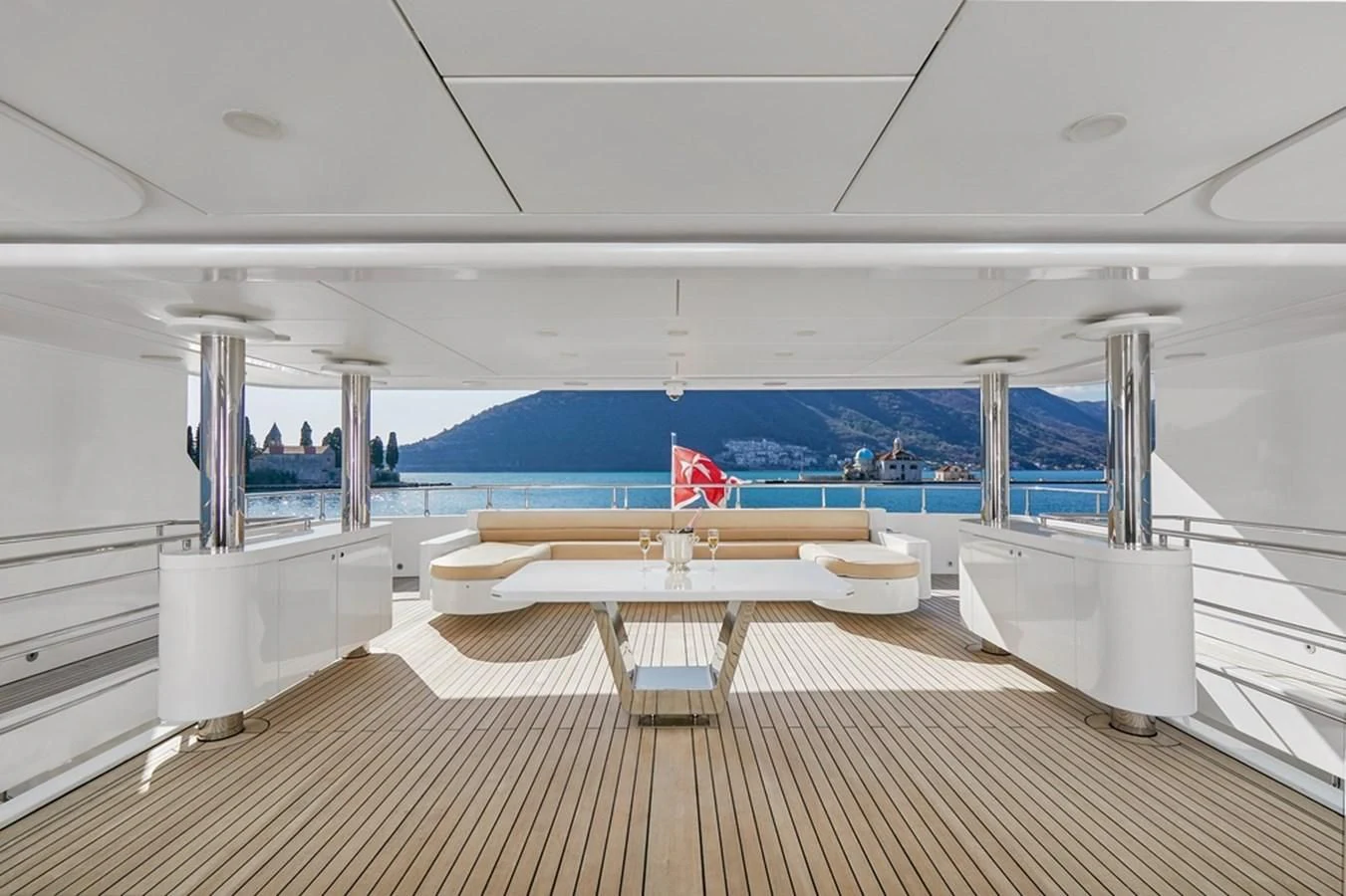 a room with a pool and a wood floor aboard VERA Yacht for Sale