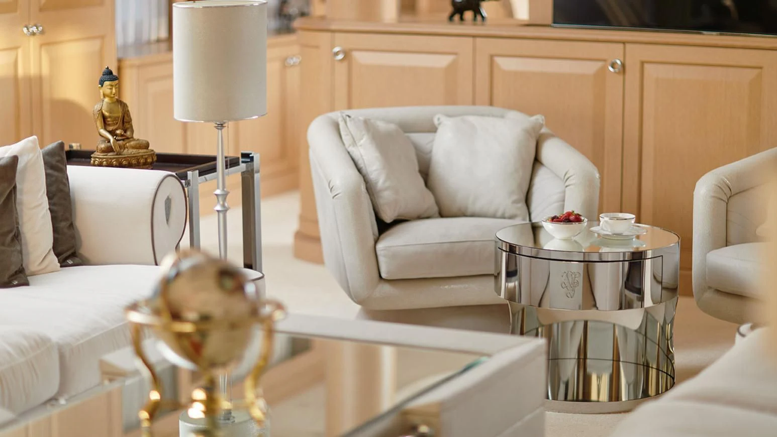 a living room with a white couch and a coffee table aboard VERA Yacht for Sale