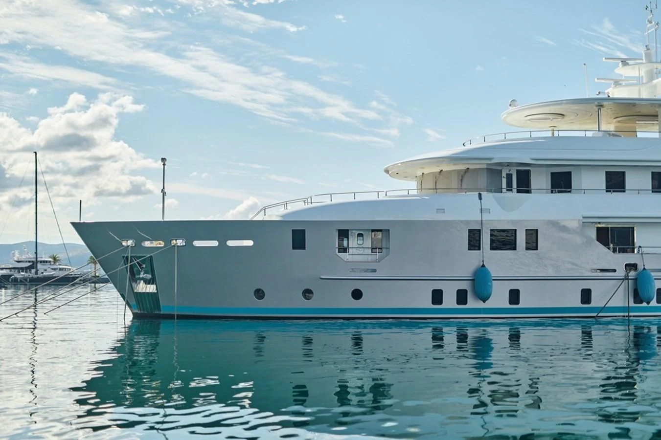 a large white boat in the water aboard VERA Yacht for Sale