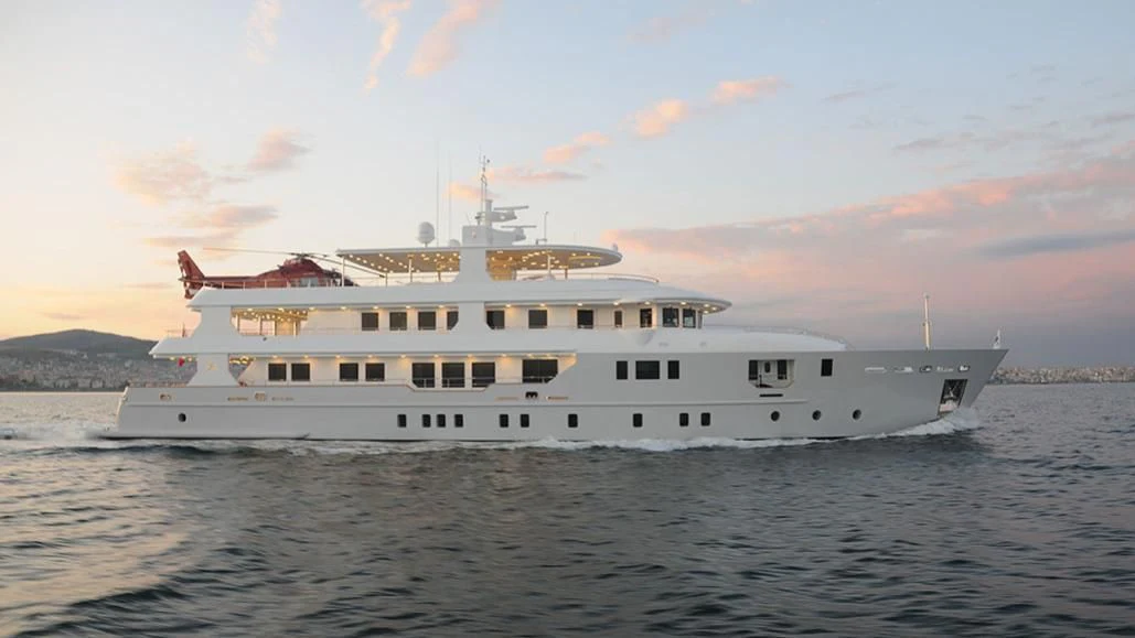 a large white boat in the water aboard VERA Yacht for Sale