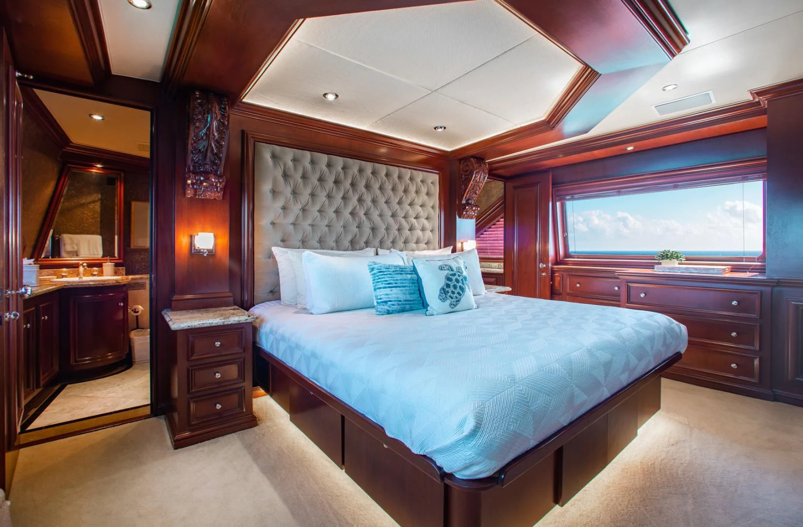 a bed in a room aboard THREE KINGS Yacht for Sale