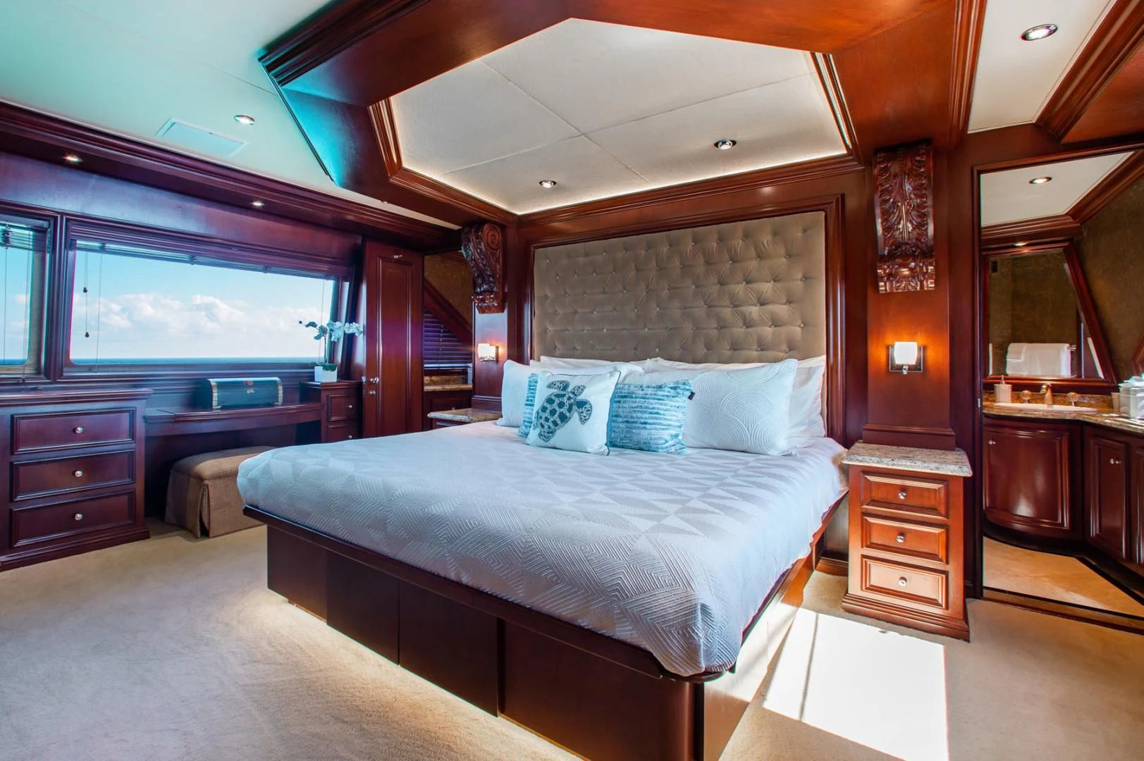 a bed in a room aboard THREE KINGS Yacht for Sale