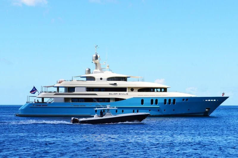 a large white boat on the water aboard SILVER SHALIS Yacht for Sale