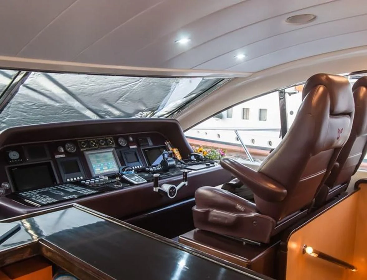 a person's feet on a seat in a cockpit aboard LEOPARD 24M Yacht for Sale