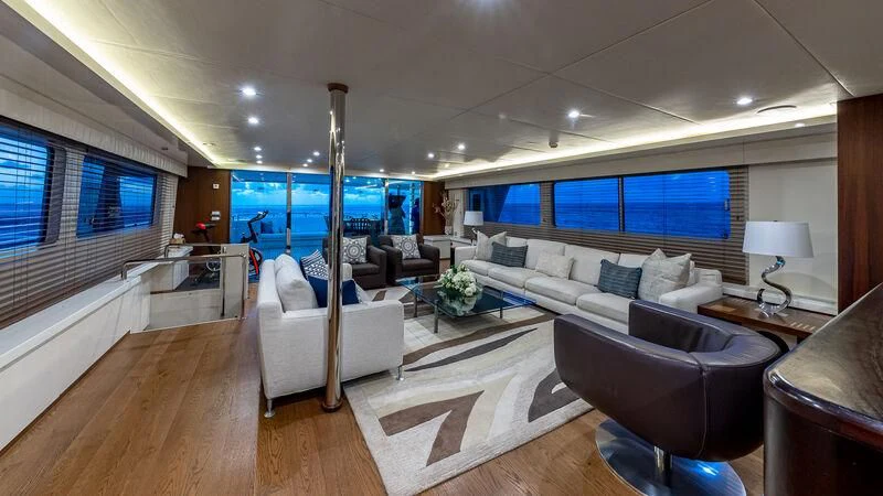 a living room with a large window aboard KARTAL YUVASI Yacht for Charter