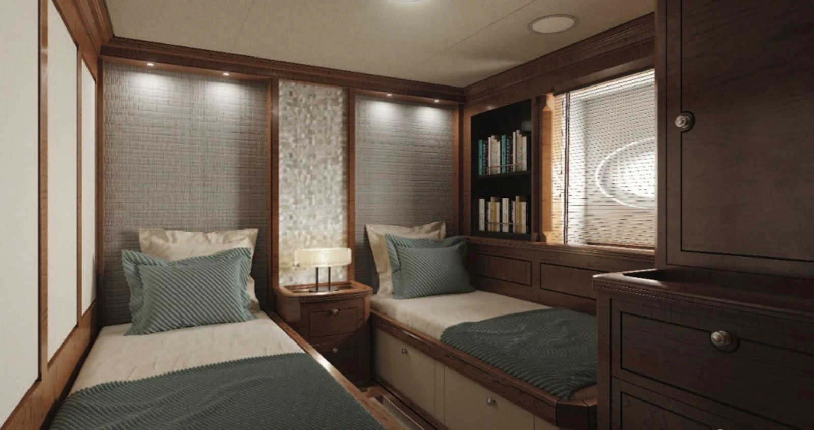 a couple of beds in a room aboard RAINBOW II Yacht for Sale
