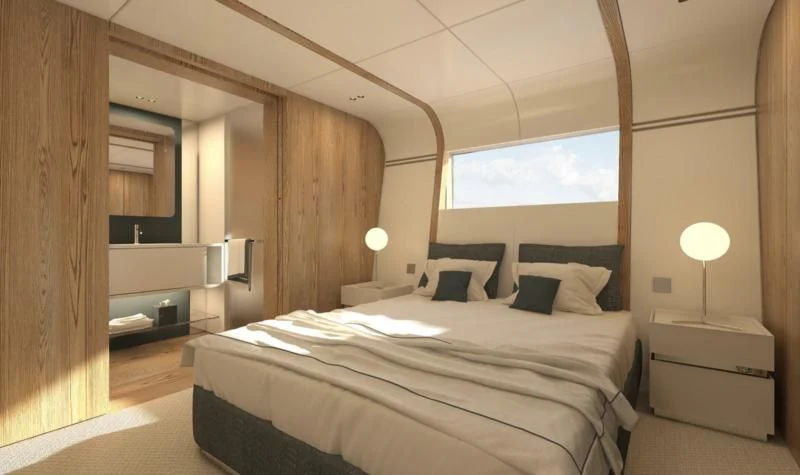a bedroom with a bed and a wood wall aboard DAWO Yacht for Sale
