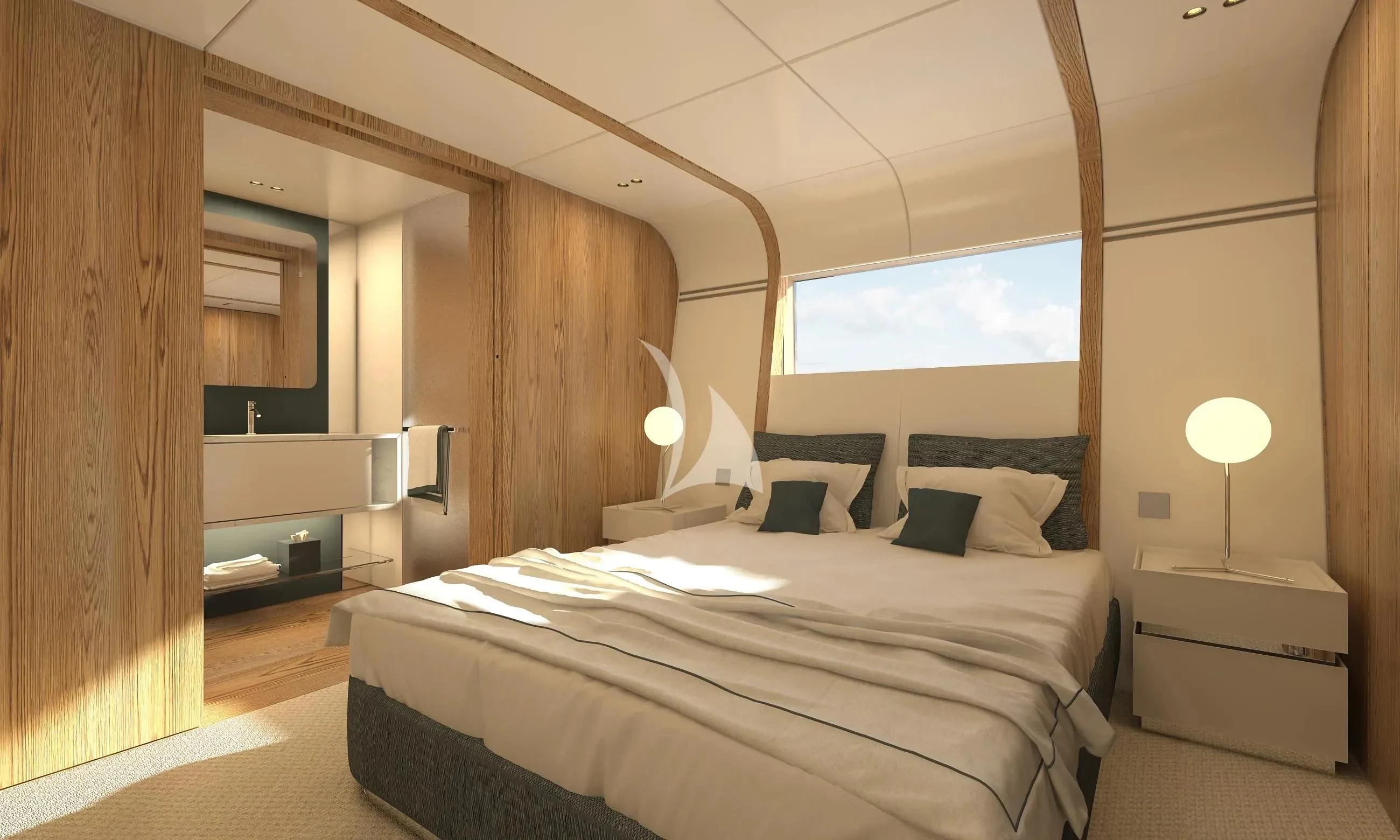 a room with a bed and a window aboard DAWO Yacht for Sale