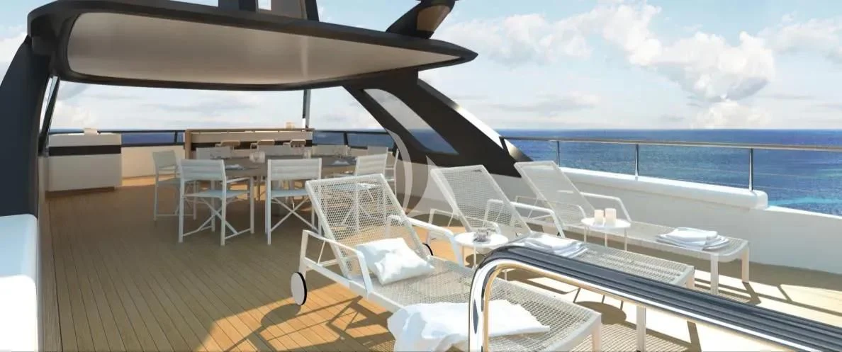 a deck with chairs and tables on it aboard DAWO Yacht for Sale