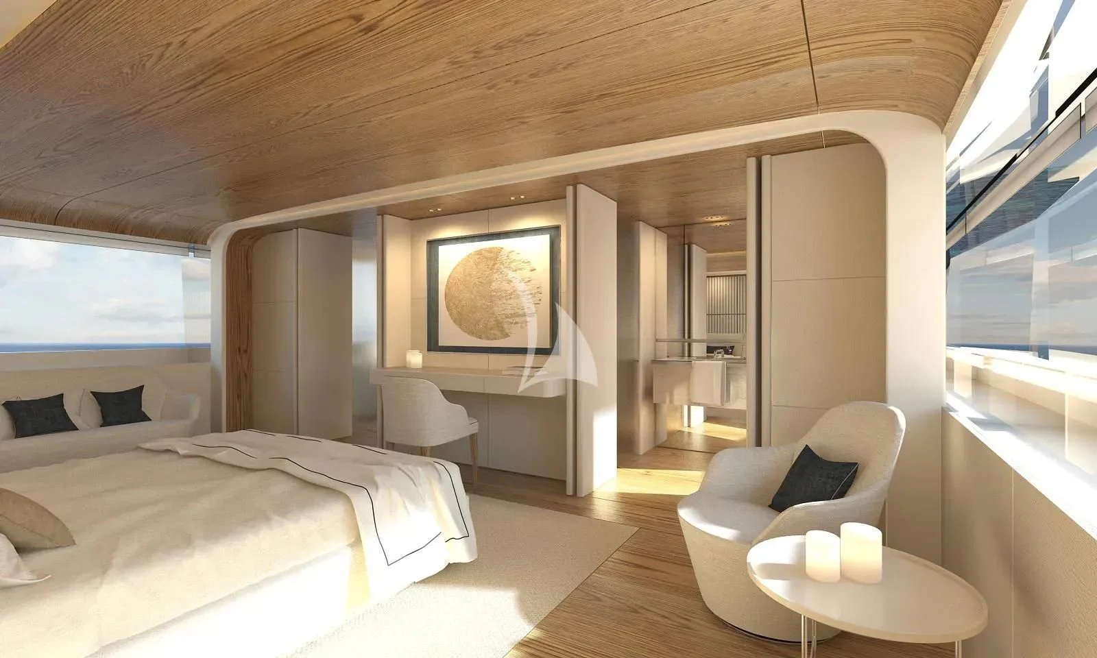 a room with a bed and a chair aboard DAWO Yacht for Sale