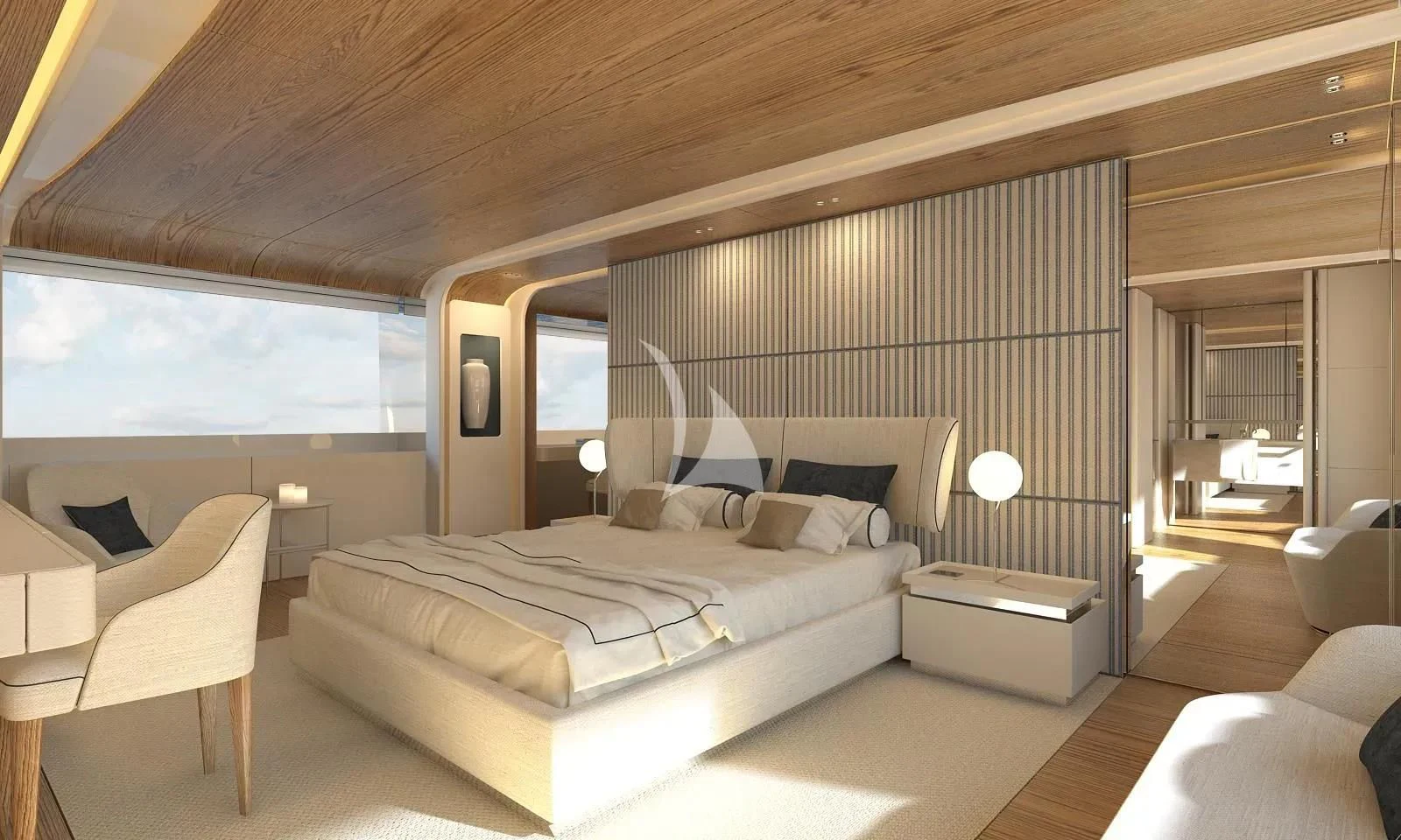 a large bedroom with a large bed aboard DAWO Yacht for Sale