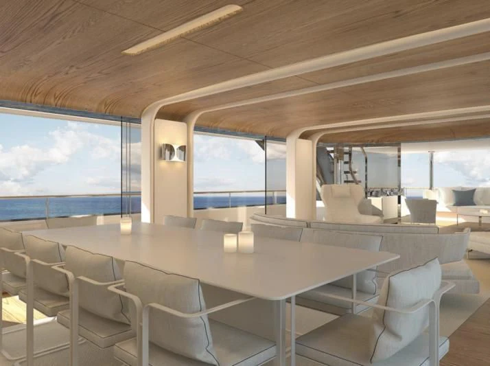 a room with a table and chairs aboard DAWO Yacht for Sale