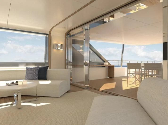 a room with a couch and a large glass window aboard DAWO Yacht for Sale