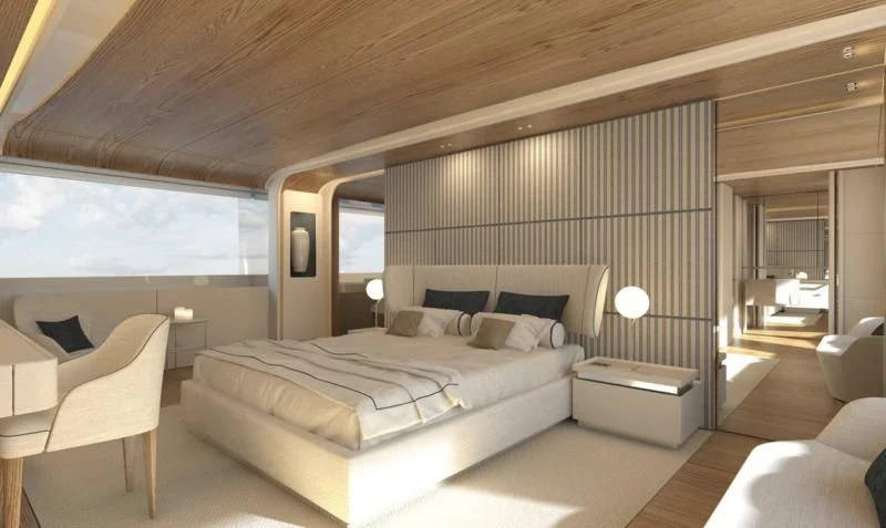 a large bedroom with a large bed aboard DAWO Yacht for Sale