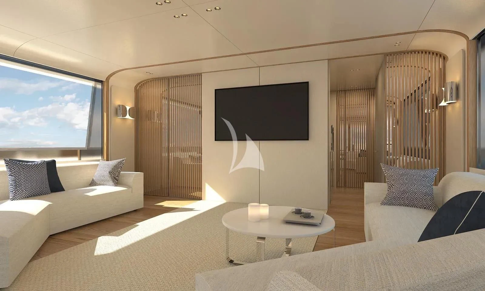 a room with a bed and a tv aboard DAWO Yacht for Sale