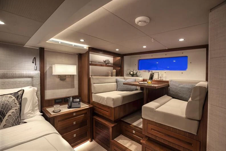 a room with a bed and a desk aboard NEW JOURNEY Yacht for Sale