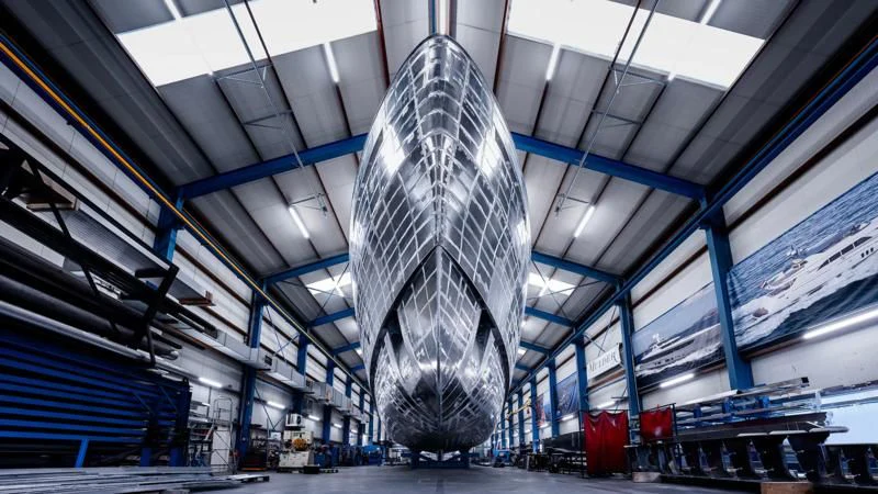 a large metal sculpture in a warehouse aboard SEAFLOWER Yacht for Sale