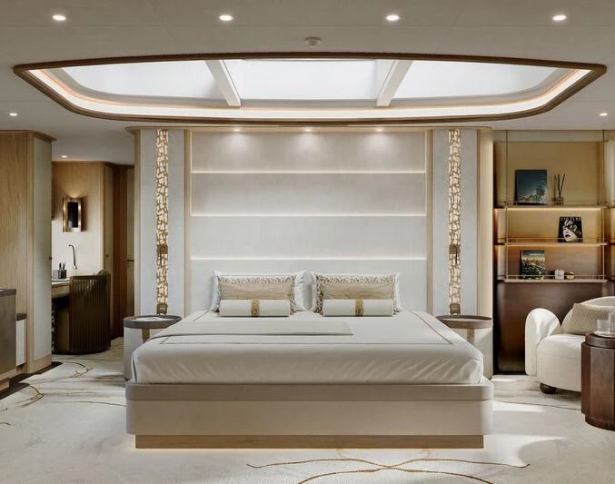 a large white bed in a room aboard SEAFLOWER Yacht for Sale