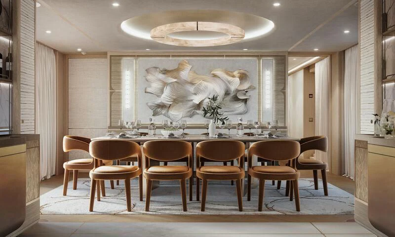a large room with a table and chairs aboard SEAFLOWER Yacht for Sale