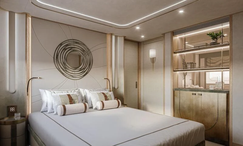 a bed in a room aboard SEAFLOWER Yacht for Sale