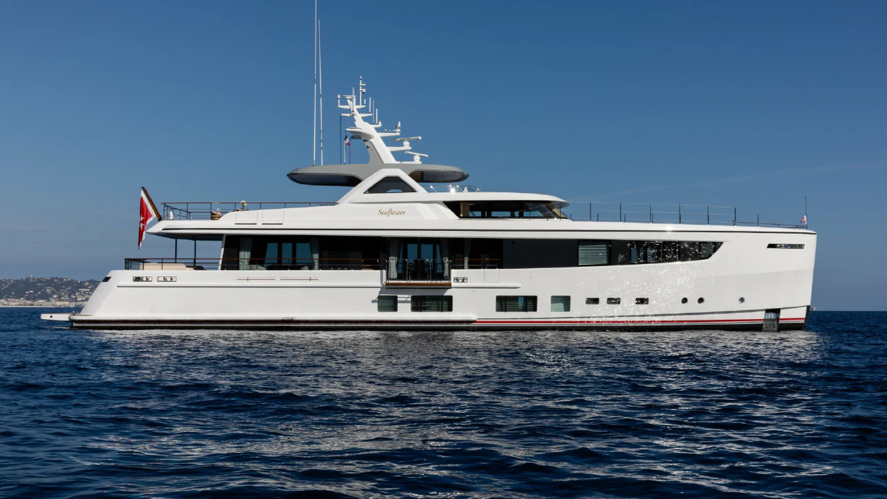 a large white boat in the water aboard SEAFLOWER Yacht for Sale