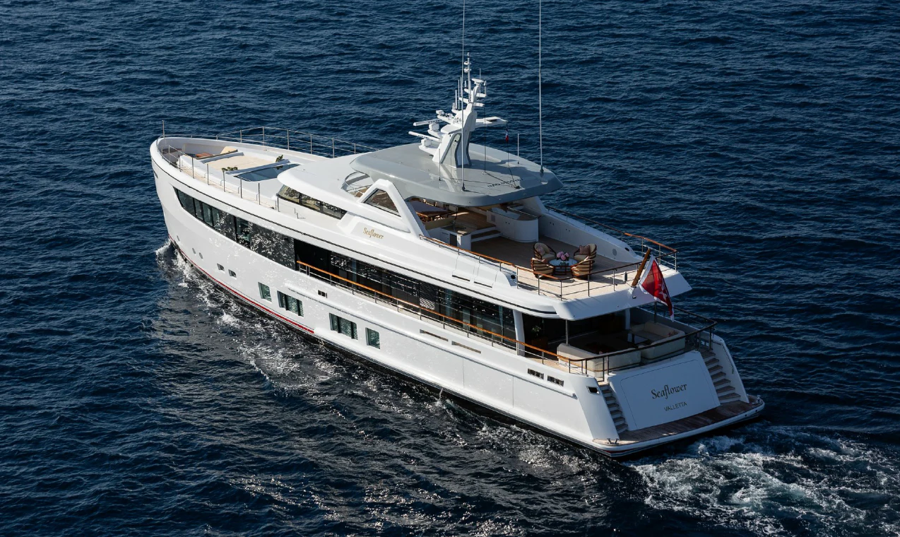 a large white ship in the water aboard SEAFLOWER Yacht for Sale