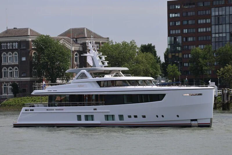 a white boat on a river aboard SEAFLOWER Yacht for Sale