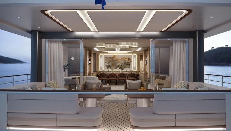 a room with a view of the water and the outside aboard SEAFLOWER Yacht for Sale