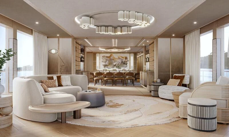 a living room with a fireplace aboard SEAFLOWER Yacht for Sale