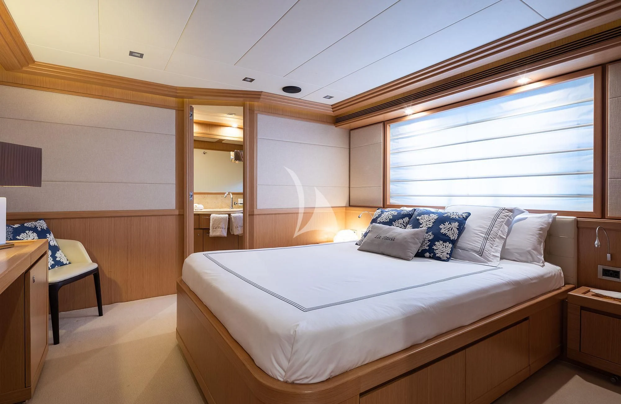 a bed in a room aboard LA PAUSA Yacht for Sale