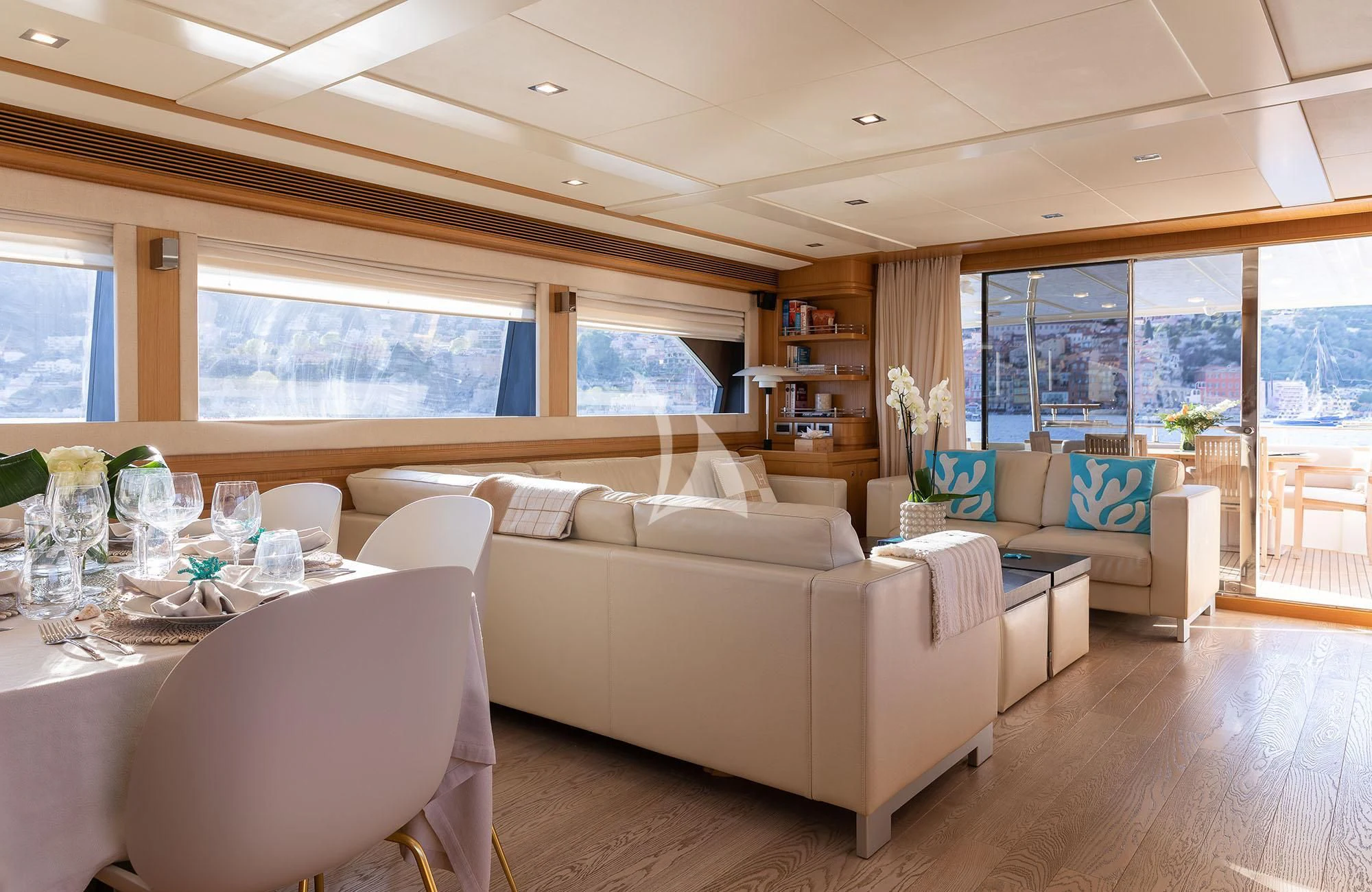 a living room with a large window aboard LA PAUSA Yacht for Sale