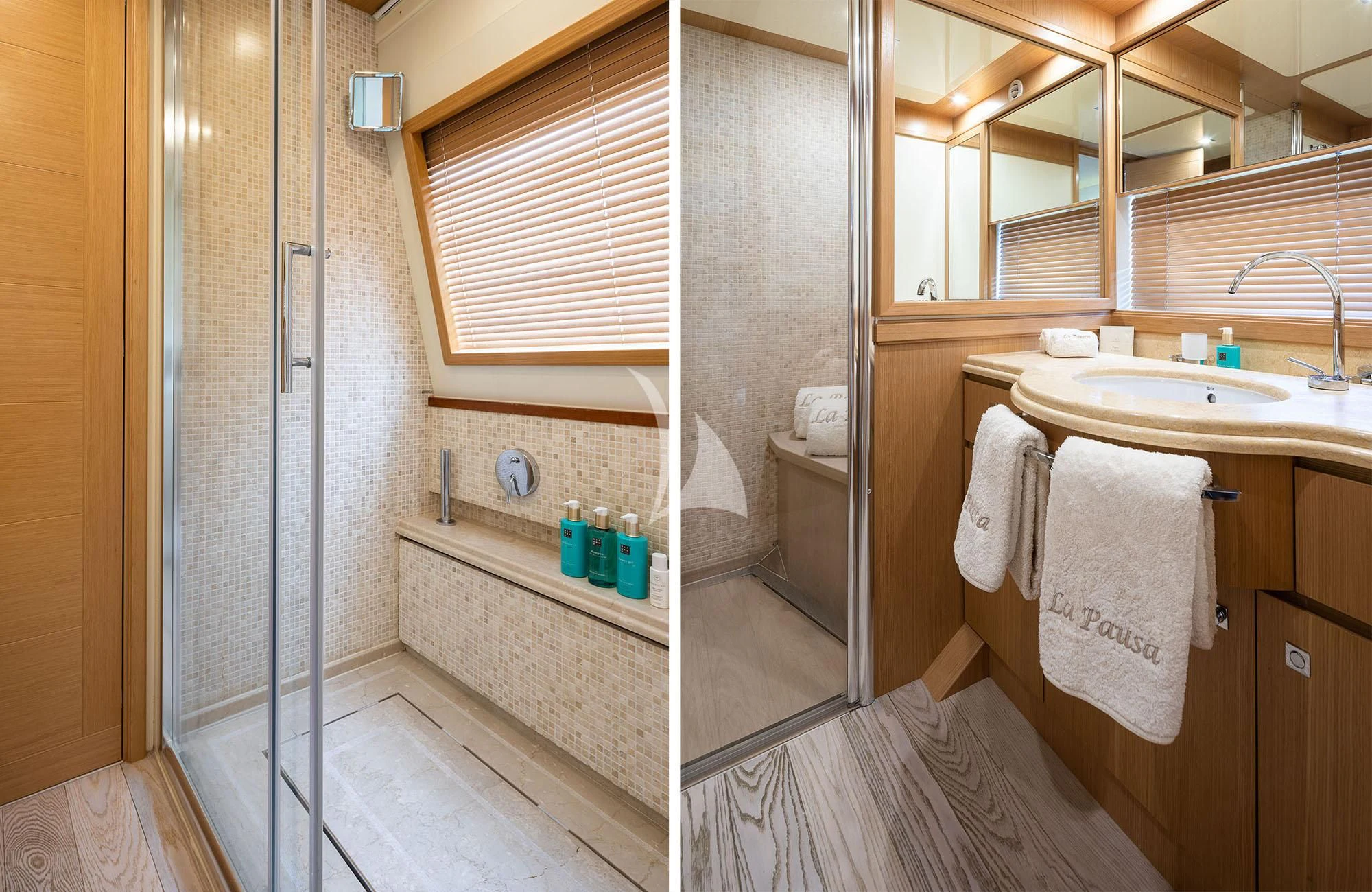 a bathroom with a shower unit and sink aboard LA PAUSA Yacht for Sale