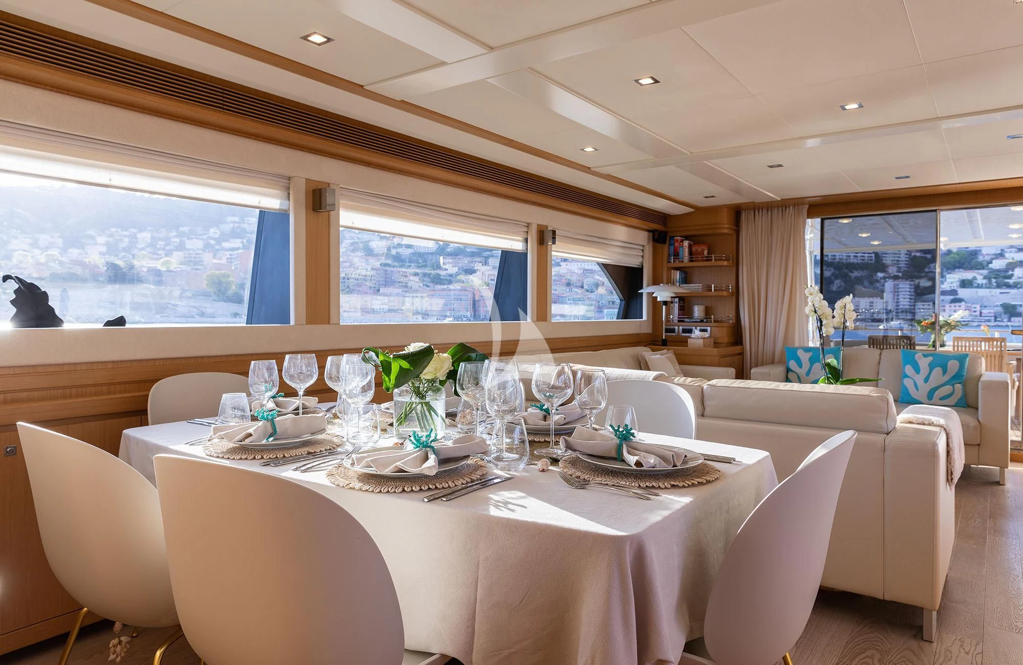 a table set for a dinner aboard LA PAUSA Yacht for Sale