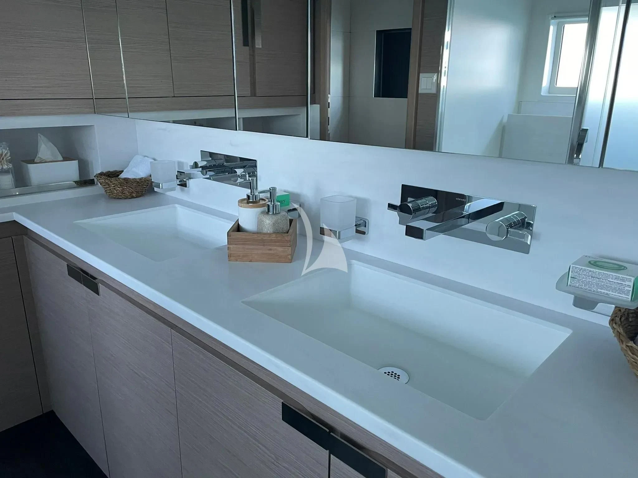 a bathroom with a large countertop aboard CHILOE Yacht for Charter
