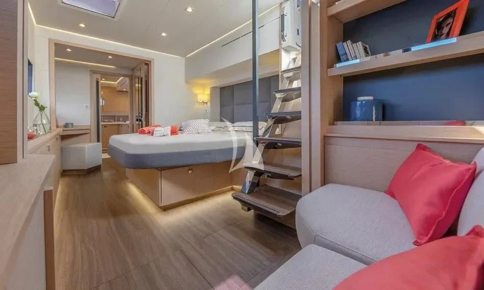 a bed in a room aboard CHILOE Yacht for Charter