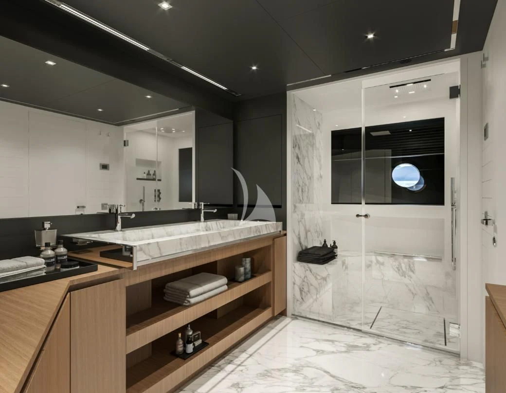 a bathroom with a sink and a mirror aboard G Yacht for Sale