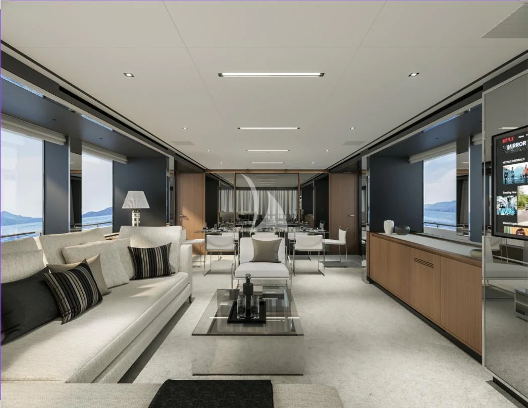 a living room with a large window aboard G Yacht for Sale