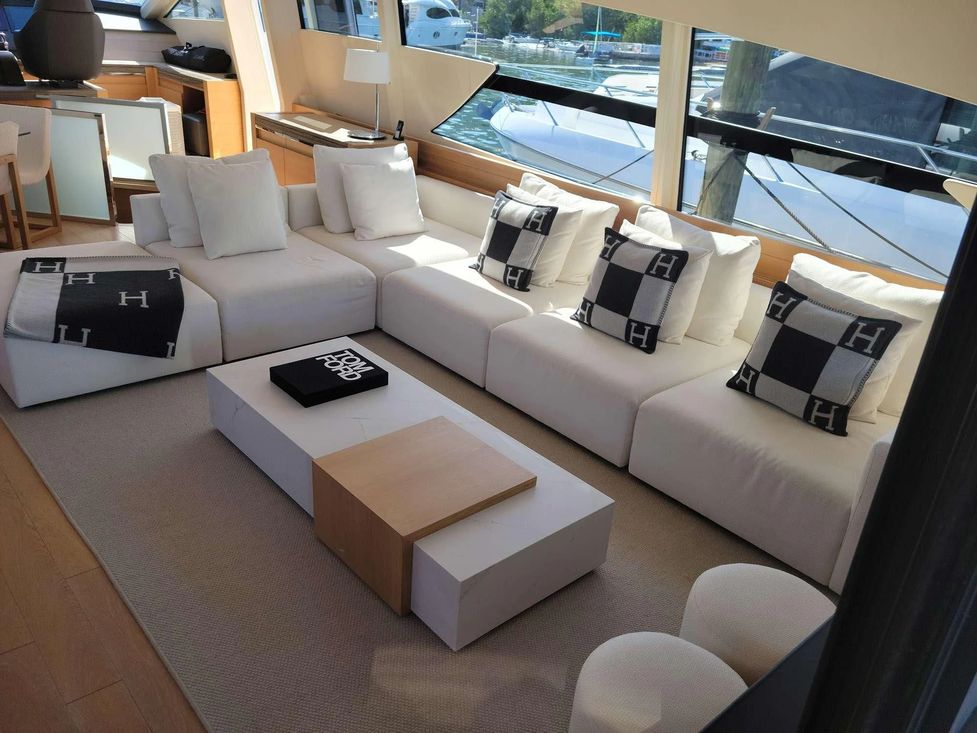 a living room with a large window aboard 92 PERSHING Yacht for Sale