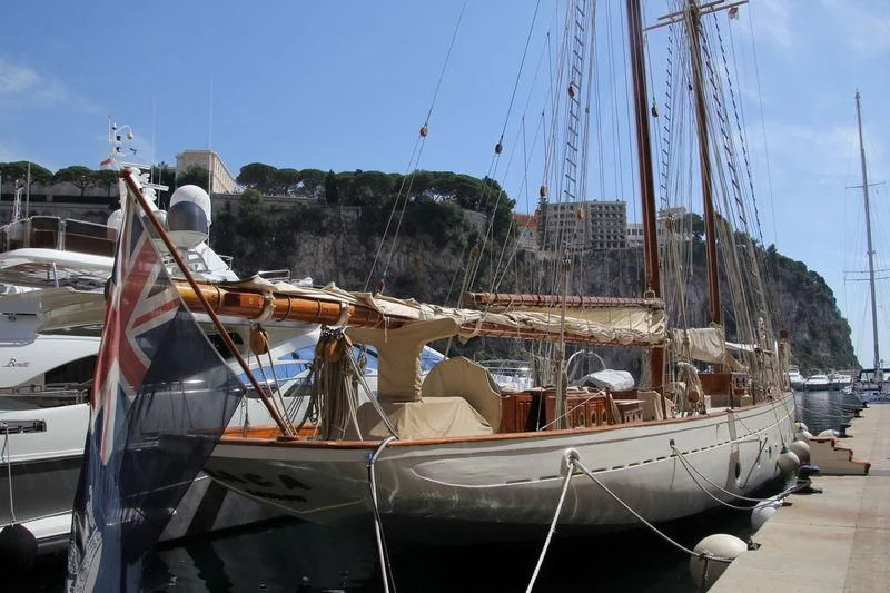 a boat docked at a pier aboard ZACA Yacht for Sale