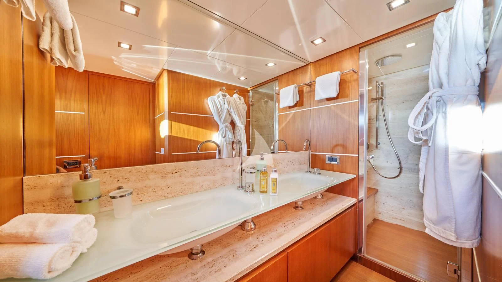 a bathroom with a large countertop aboard KARISMA Yacht for Sale
