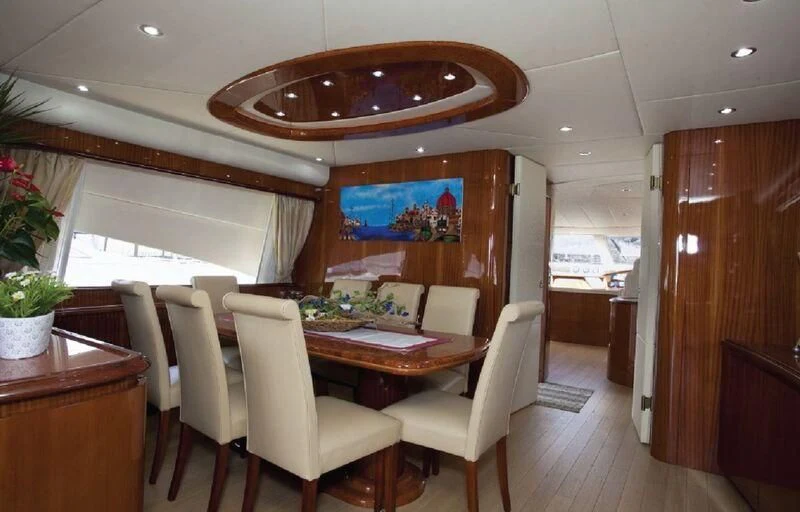 a room with a table chairs and a large window aboard JAUNI Yacht for Sale