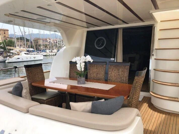 a table with chairs and a television on it aboard JAUNI Yacht for Sale