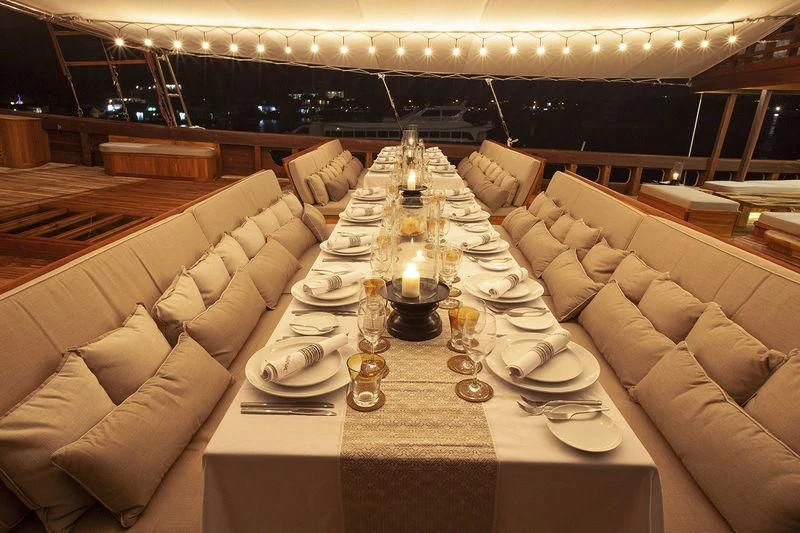 a large room with a table set aboard PRANA Yacht for Charter