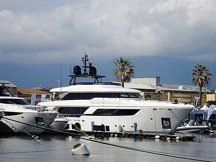a boat docked at a pier aboard NO SAUCE Yacht for Sale