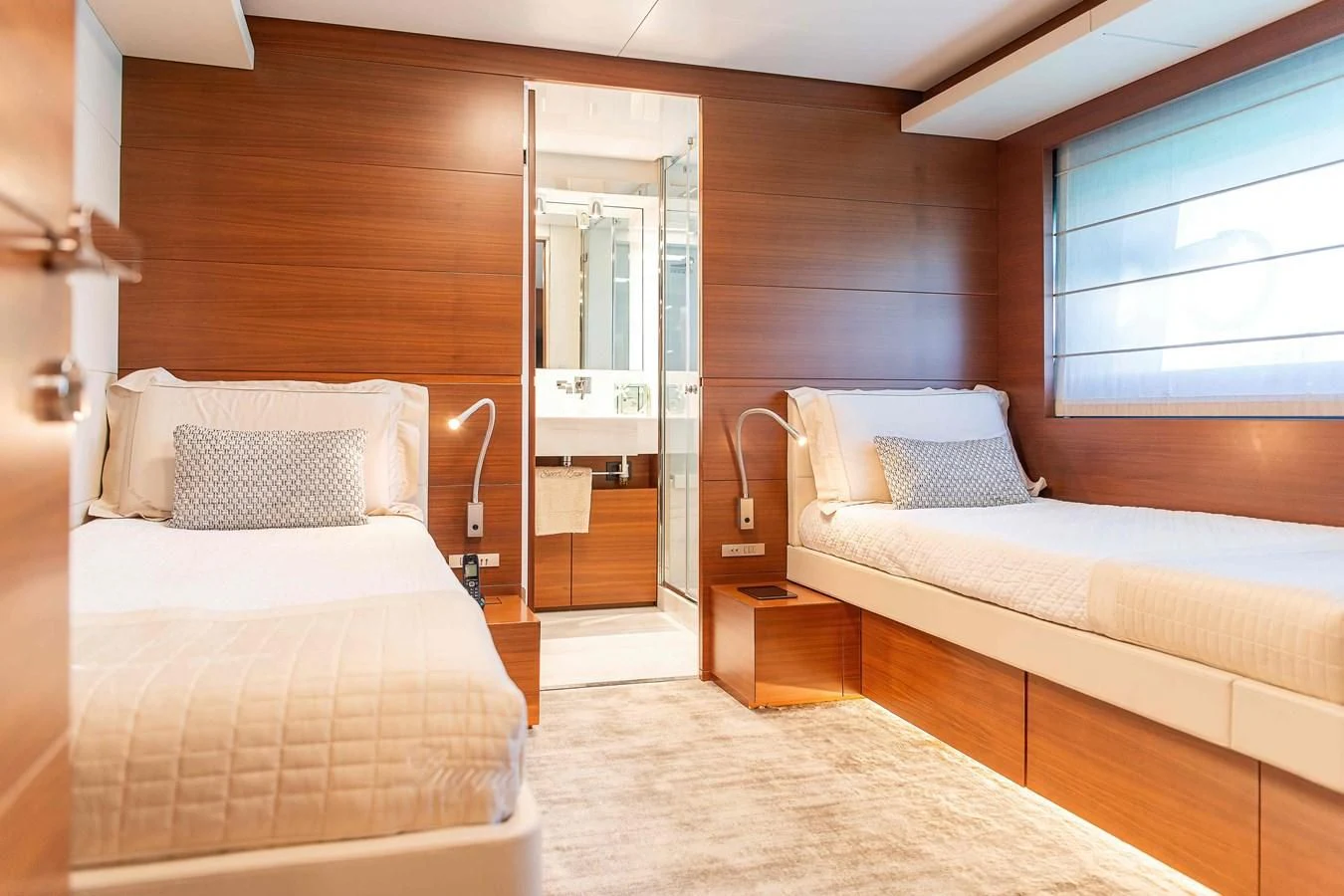 a room with two beds aboard NO SAUCE Yacht for Sale