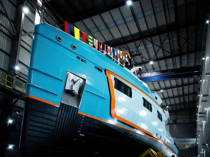 a train inside a building aboard FIVE OCEANS Yacht for Sale