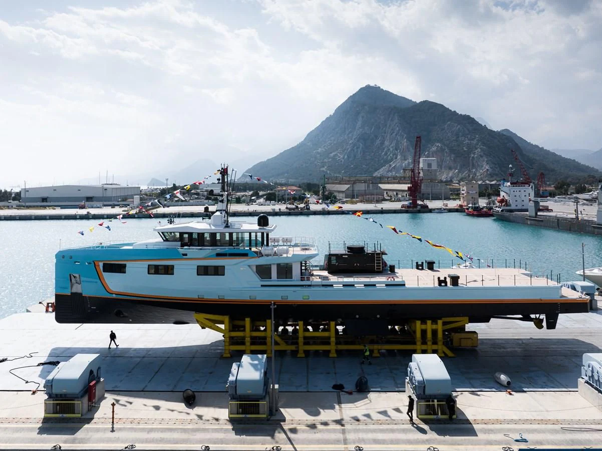 a boat docked at a port aboard FIVE OCEANS Yacht for Sale