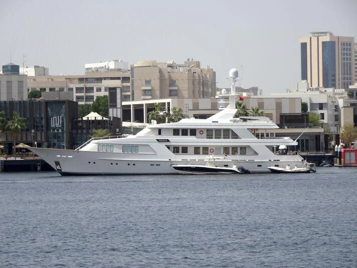 a large white boat in the water aboard DANADIA Yacht for Sale